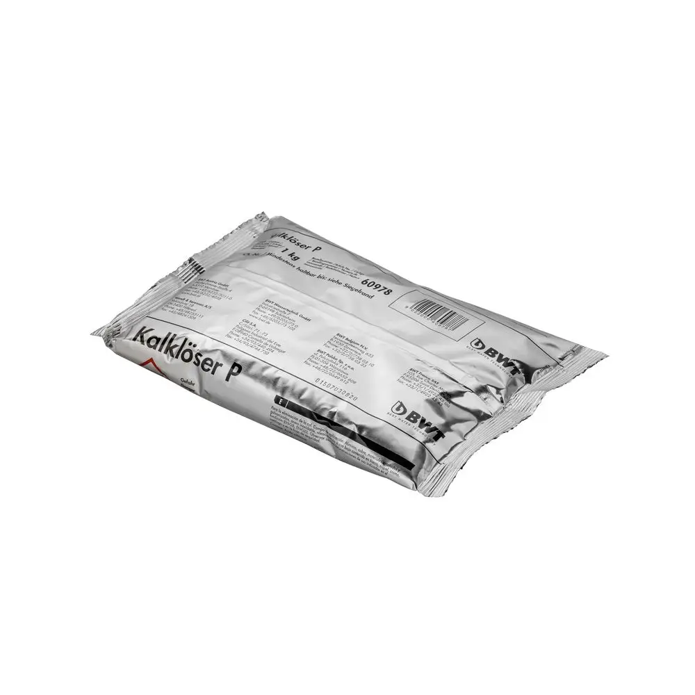 Folienverpackung eines Kalkentferners von BWT, mit Produktinformationen und einem grafischen Design, das eine klare Kennzeichnung des Inhalts zeigt.
